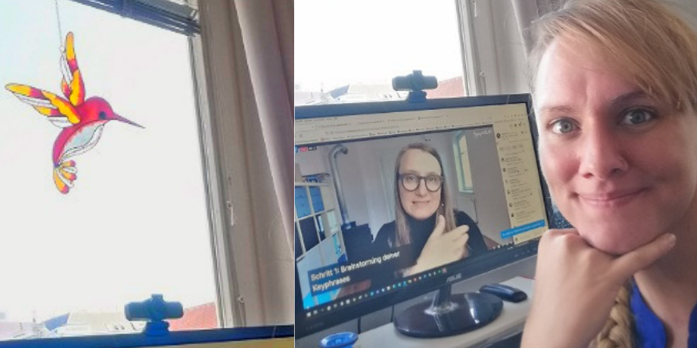 Links ist ein Fensterbild zu sehen, ein Glas-Kolibri in Rot und Orange. Rechts eiN Selfie von Lorena vor ihrem Bildschirm auf dem ein Video von Judith Sympatexter läiuft.