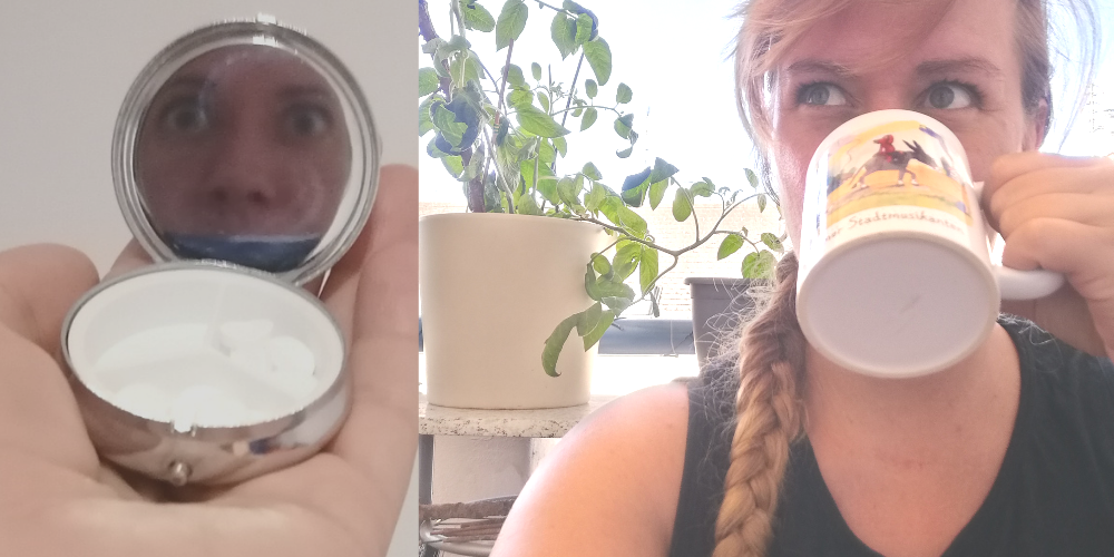Das Bild zeigt links iene Pillendose in deren Deckel sich ein Teil von Lorena's Gesicht spiegelt. Rechts ist Lorena auf dem Balkon beim Kaffeetrinken (Tasse Bremer Stadtmusikenten) zu sehen. Hinter ihr ist Himmel udn eine Tomatenpflanze.