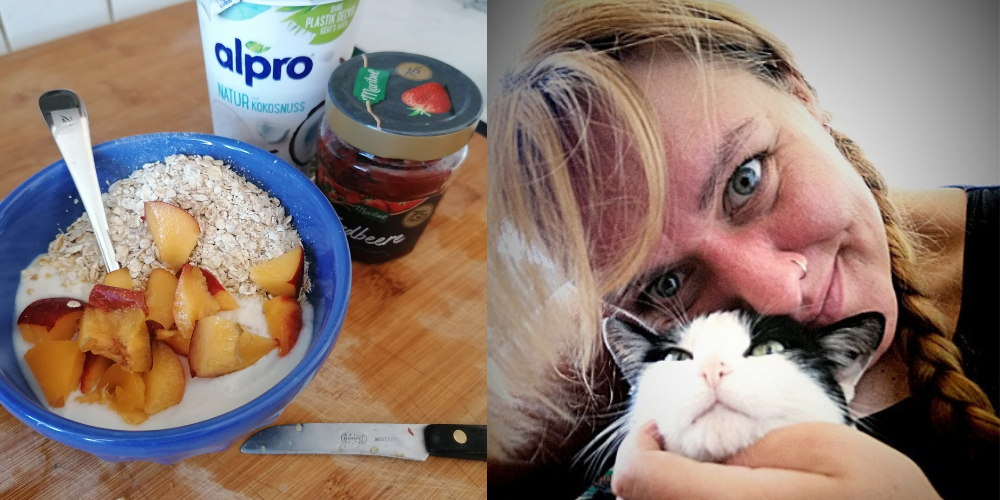 Links zeigt das Bild eine Müslischale mit Haferflocken, Pfirsich und Kokosjoghurt. Rechts ein Selfie von Lorena, wie sie mit einer Katze kuschelt
