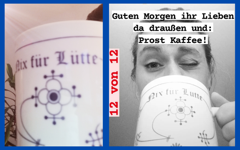 Das Bild zeigt einen ca. 400 ml Becher in weiß-blauem nordischem Design, darauf steht "nix für lütte" Lorena hat nur ein Auge auf, als sie darauf trinkt.