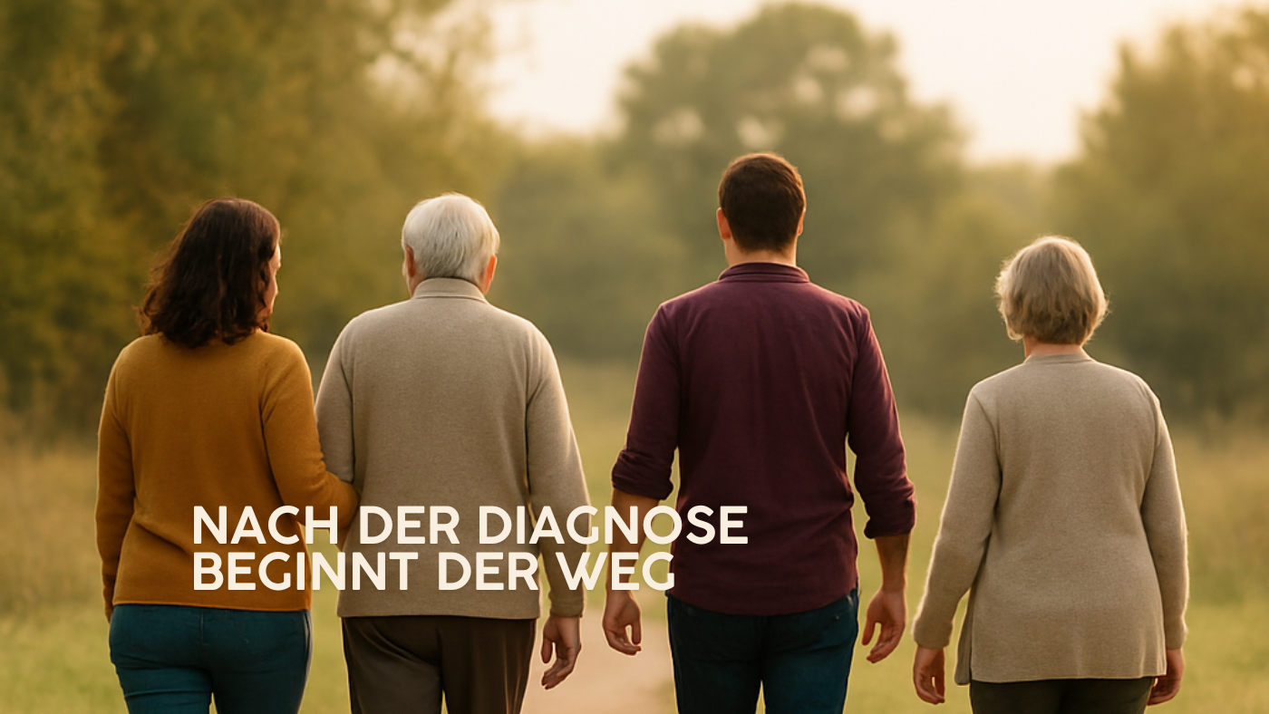 1 Vier Menschen unterschiedlichen Alters gehen gemeinsam von hinten sichtbar einen Weg durch eine grüne Landschaft. Das Bild steht symbolisch für Begleitung, Zusammenhalt und den gemeinsamen Weg nach einer Demenzdiagnose.